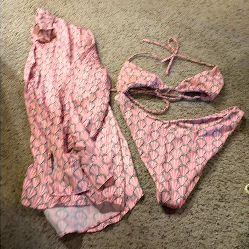 Peixoto Pink Seashell Print Bikini Set Large with S matching coverup shirt